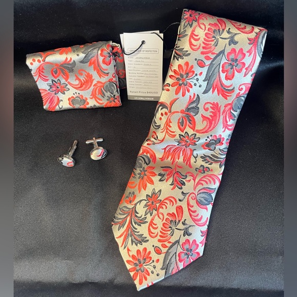NWT-Silk Floral Patterned Tie Set with Cufflinks - Picture 4 of 4